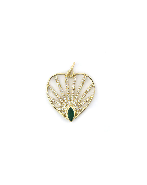 14K Gold Emerald Diamond Ray Heart Charm