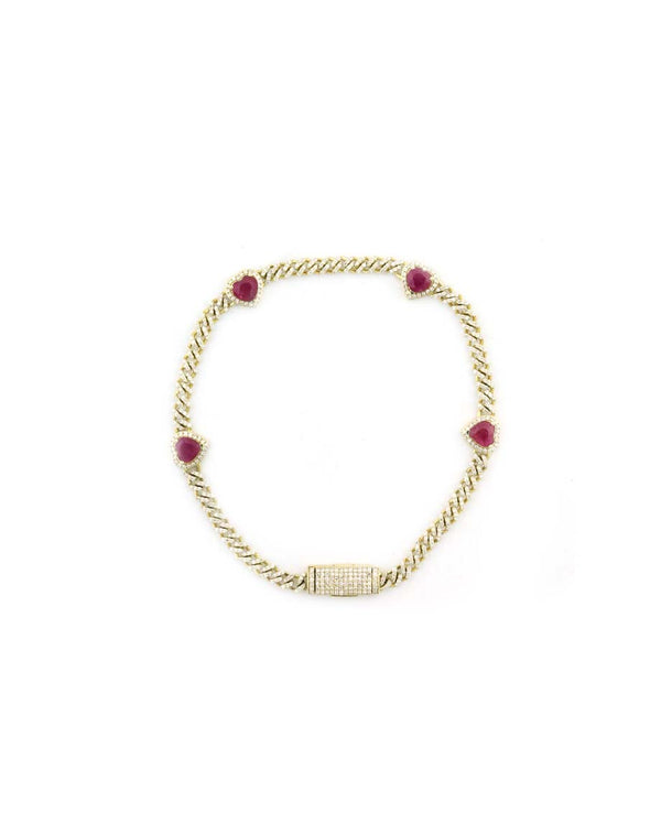 14K Gold Ruby Heart Diamond Cuban Bracelet