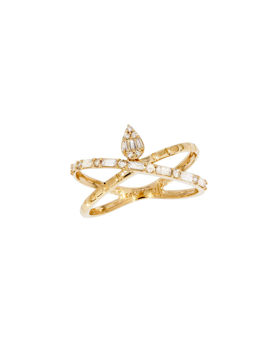 14K Gold Baguette Diamond X Teardrop Ring