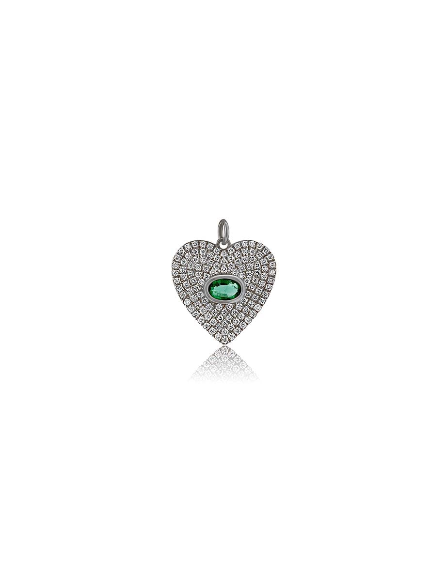 Silver Pave Diamond Heart Emerald Charm