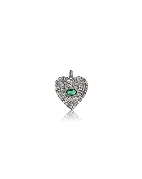 Silver Pave Diamond Heart Emerald Charm