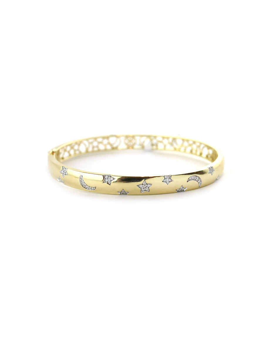 14K Gold Pave Diamond Star & Moon Bangle