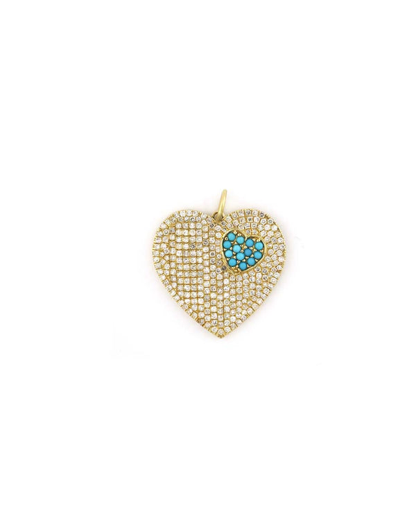 14K Gold Diamond Turquoise Heart on Heart Charm