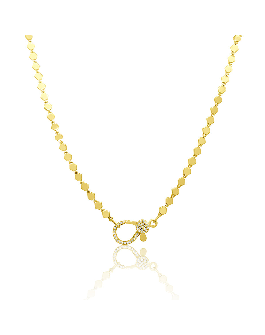 14K Gold Hexagon Disco Chain .27ct Diamond Lock Necklace