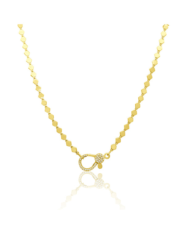 14K Gold Hexagon Disco Chain .27ct Diamond Lock Necklace