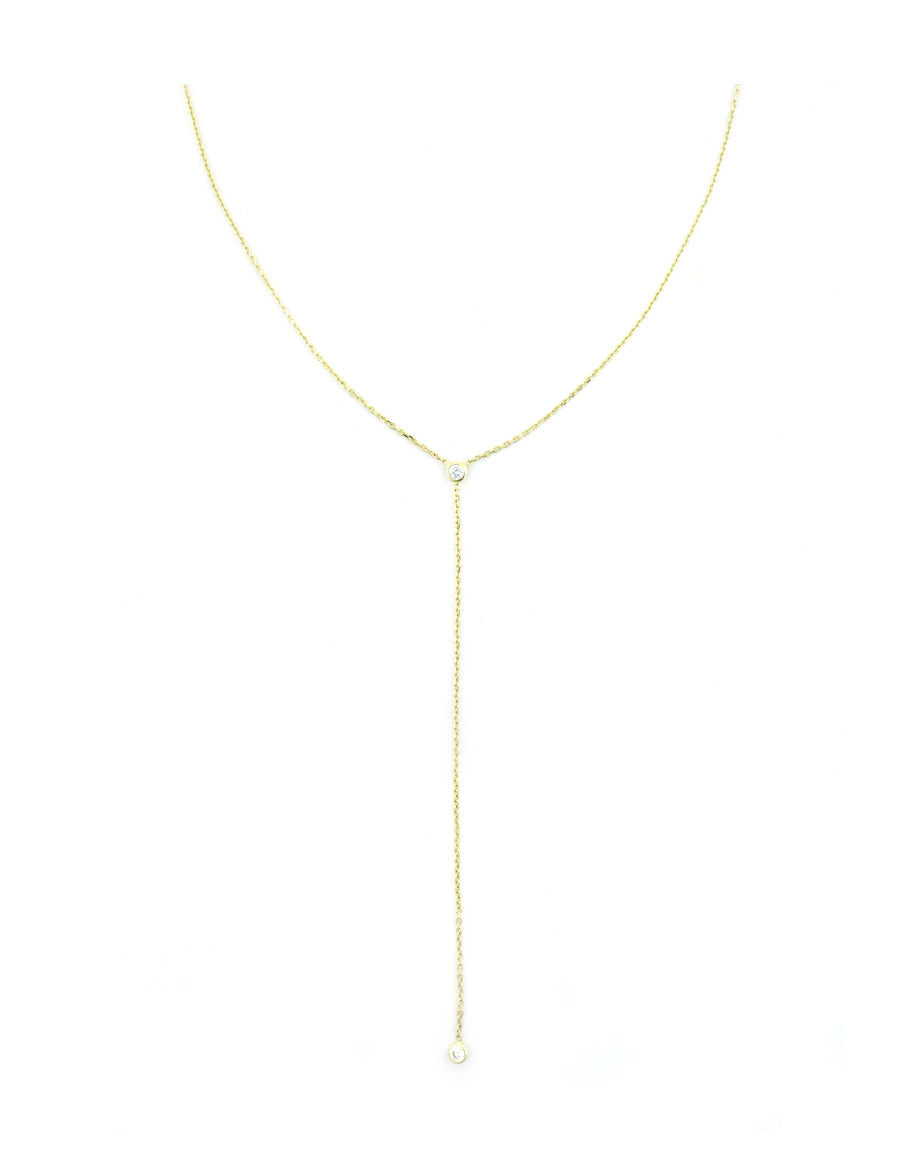 14K Gold Dainty Double CZ Lariat Necklace