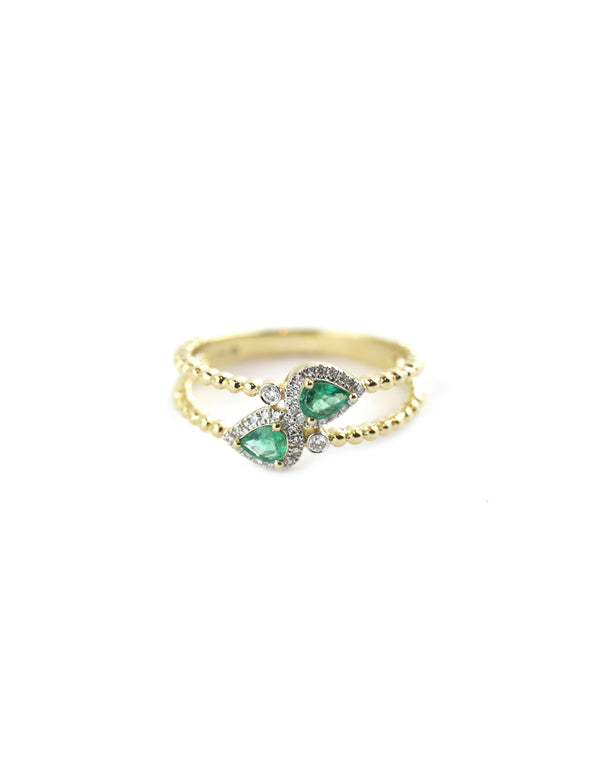 14K Gold Double Pear Emerald Dotted Ring