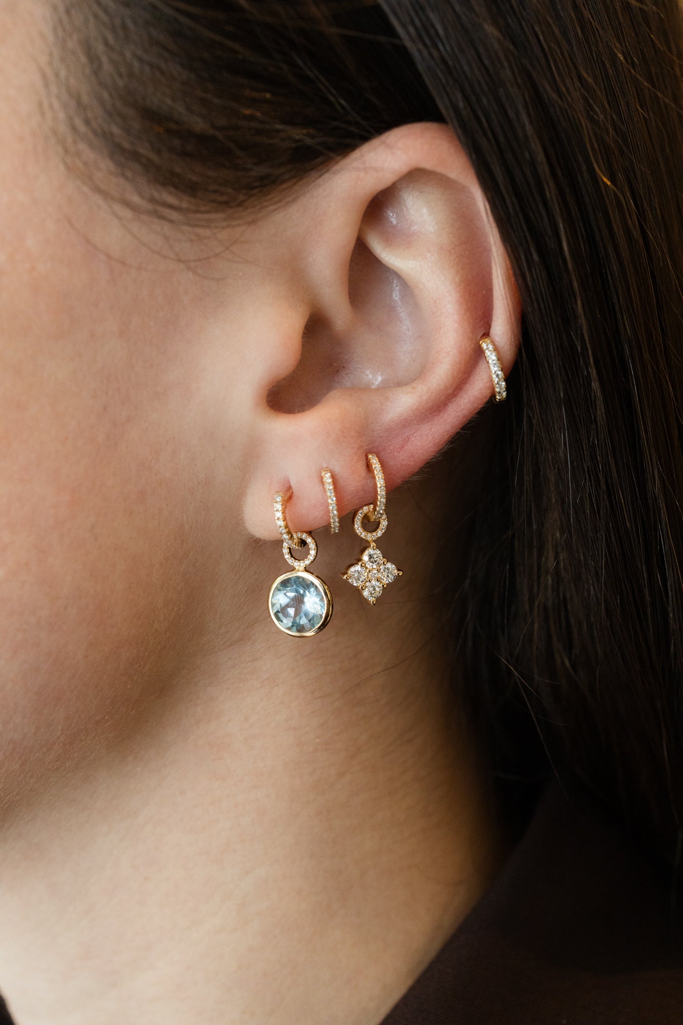 14K Gold Round Diamond Clover Earring Charm