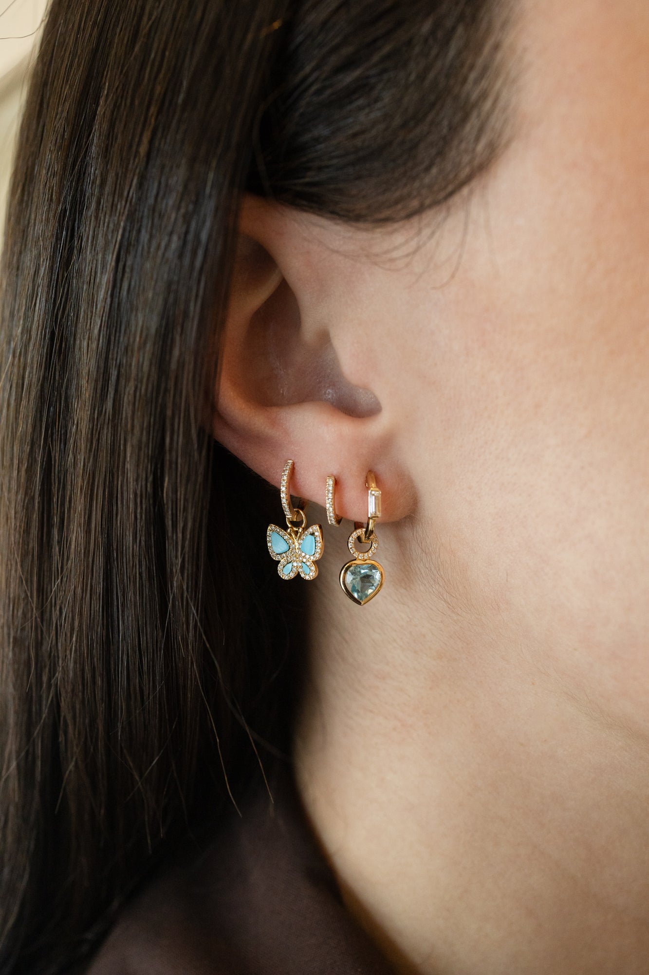 14K Gold Diamond Blue Topaz Heart Earring Charm