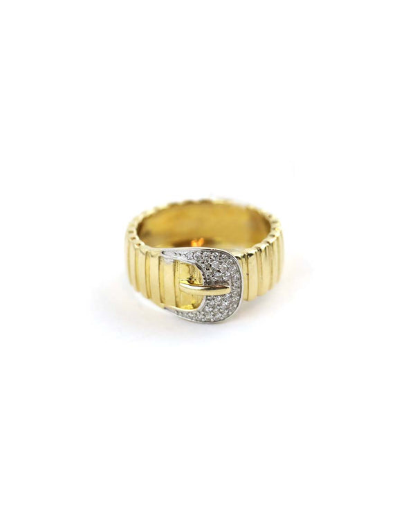 14K Gold Ridged Diamond Buckle Ring