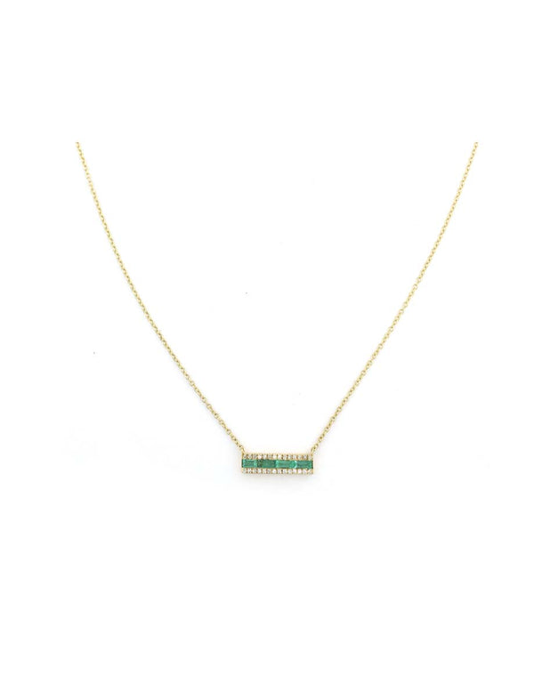 14K Gold Diamond & Baguette Emerald Bar Necklace