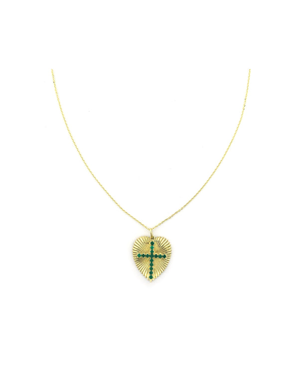 14K Gold Fanned Heart Emerald Cross Necklace