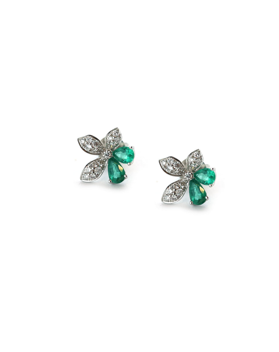 14K Gold Two Leaf .7ct Emerald .29ct Diamond Flower Studs