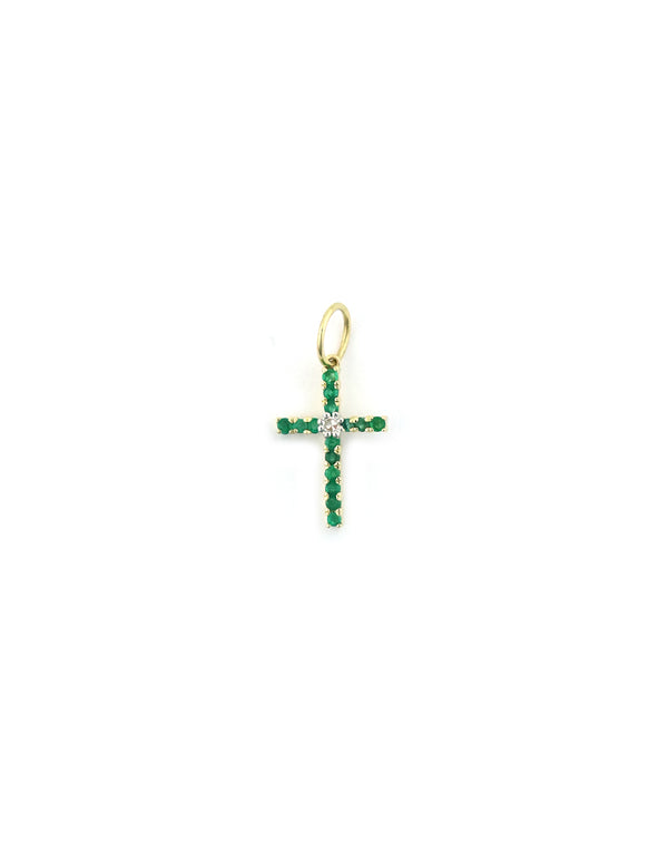 14K Gold Emerald Diamond Center Cross Charm