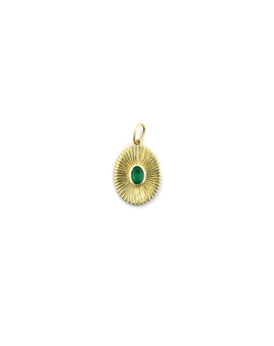 14K Gold Oval Fanned Emerald Disc Charm