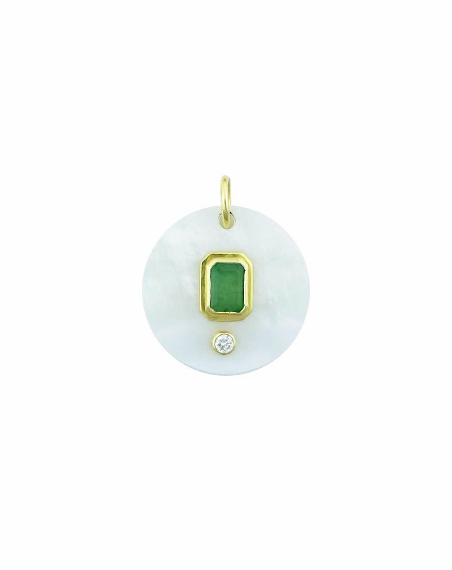 14K Gold Mother of Pearl Emerald Disk Pendant