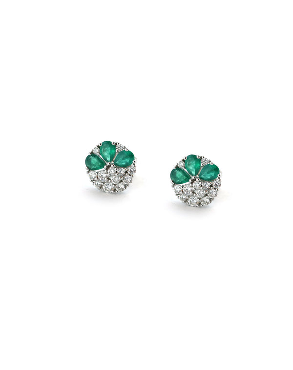 14K Gold 3 Leaf .71ct Emerald .48ct Diamond Studs