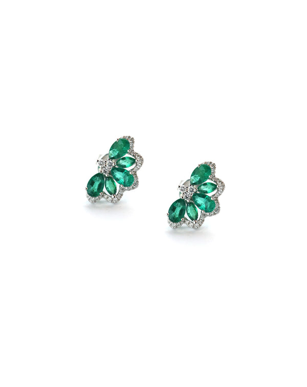 14K Gold Half Flower 1.38ct Emerald .24ct Diamond Studs