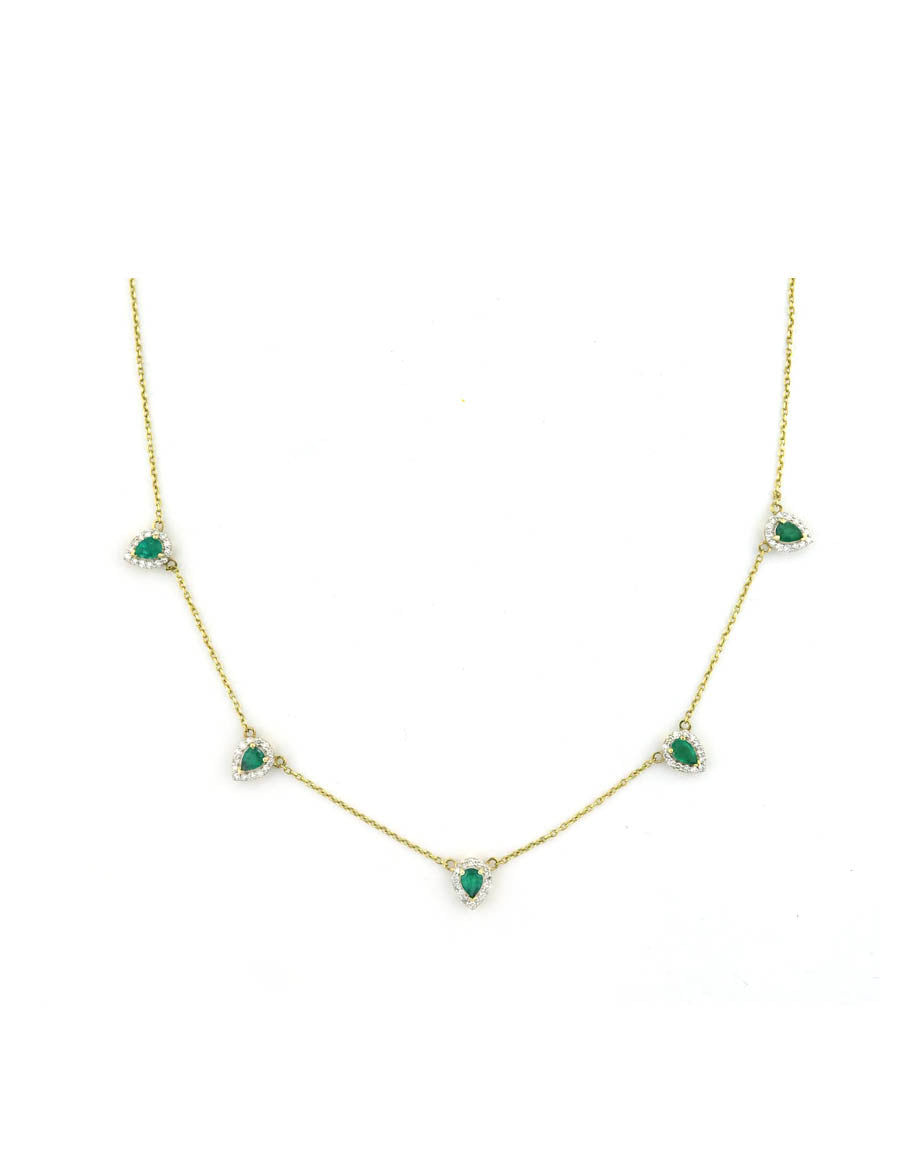 14K Gold Pear Emerald and Diamond Station Necklace