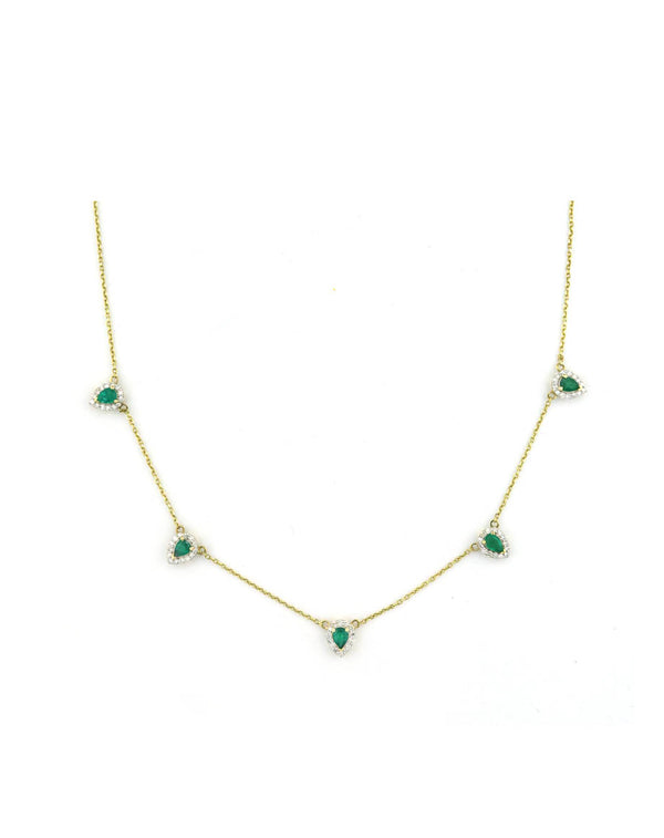 14K Gold Pear Emerald and Diamond Station Necklace