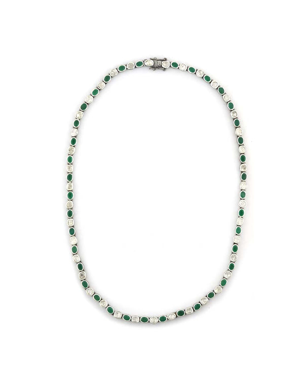 Silver Polki Diamond & Emerald Tennis Necklace