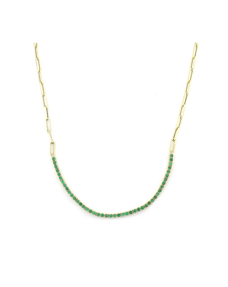 14K Gold Emerald Paper Clip Tennis Necklace