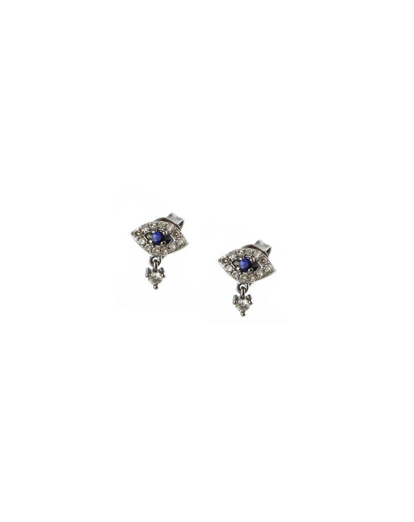 Tiny Silver Diamond Eye Sapphire Dangle Studs