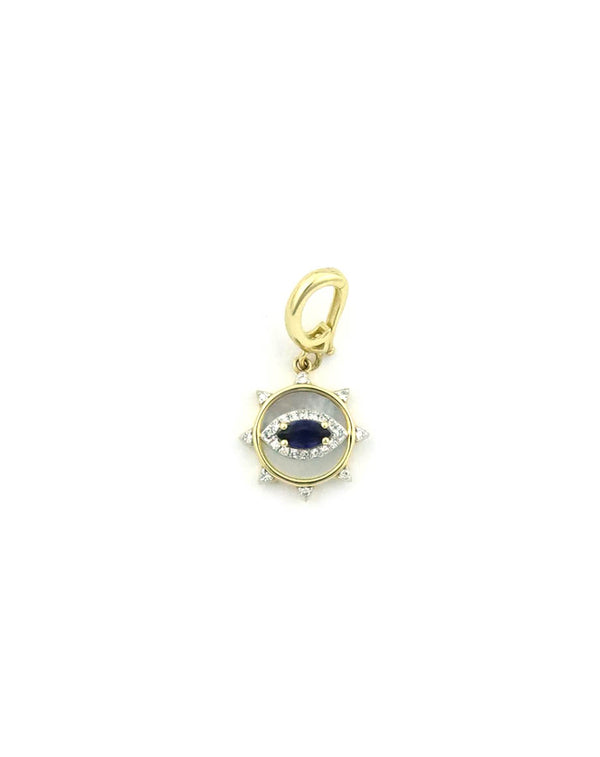 14K Gold Mother of Pearl Sapphire Evil Eye Sun Openable Bail Charm