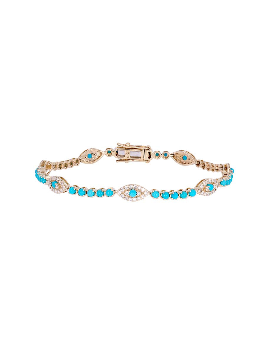 14K Gold Turquoise Diamond Evil Eye Tennis Bracelet