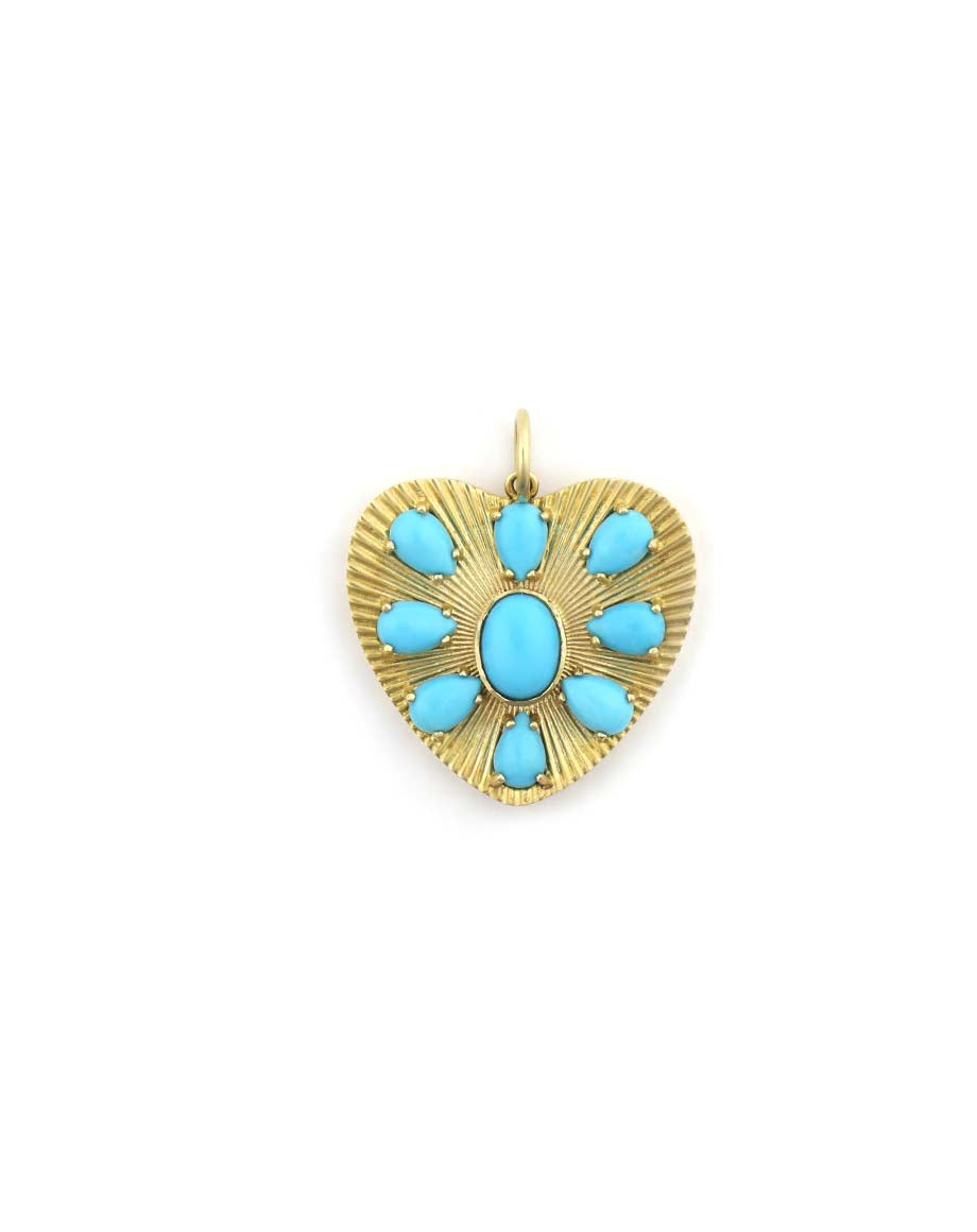 14K Gold Fanned Multi Stone Turquoise Heart Charm