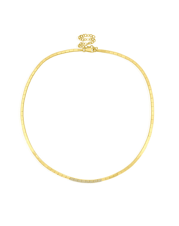 Thin 14K Shiny Gold .23ct Pave Diamond Center Omega Necklace