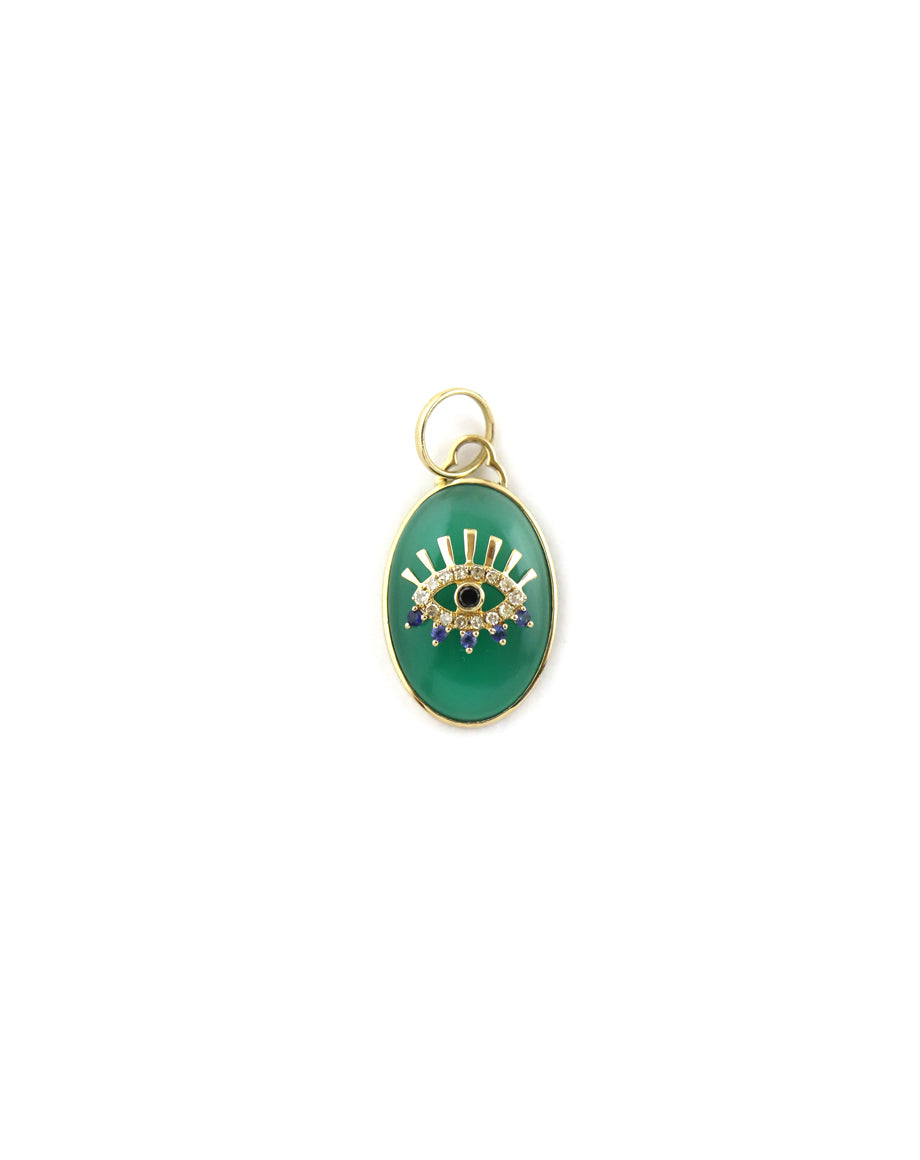 14K Gold Green Chalcedony Evil Eye Charm