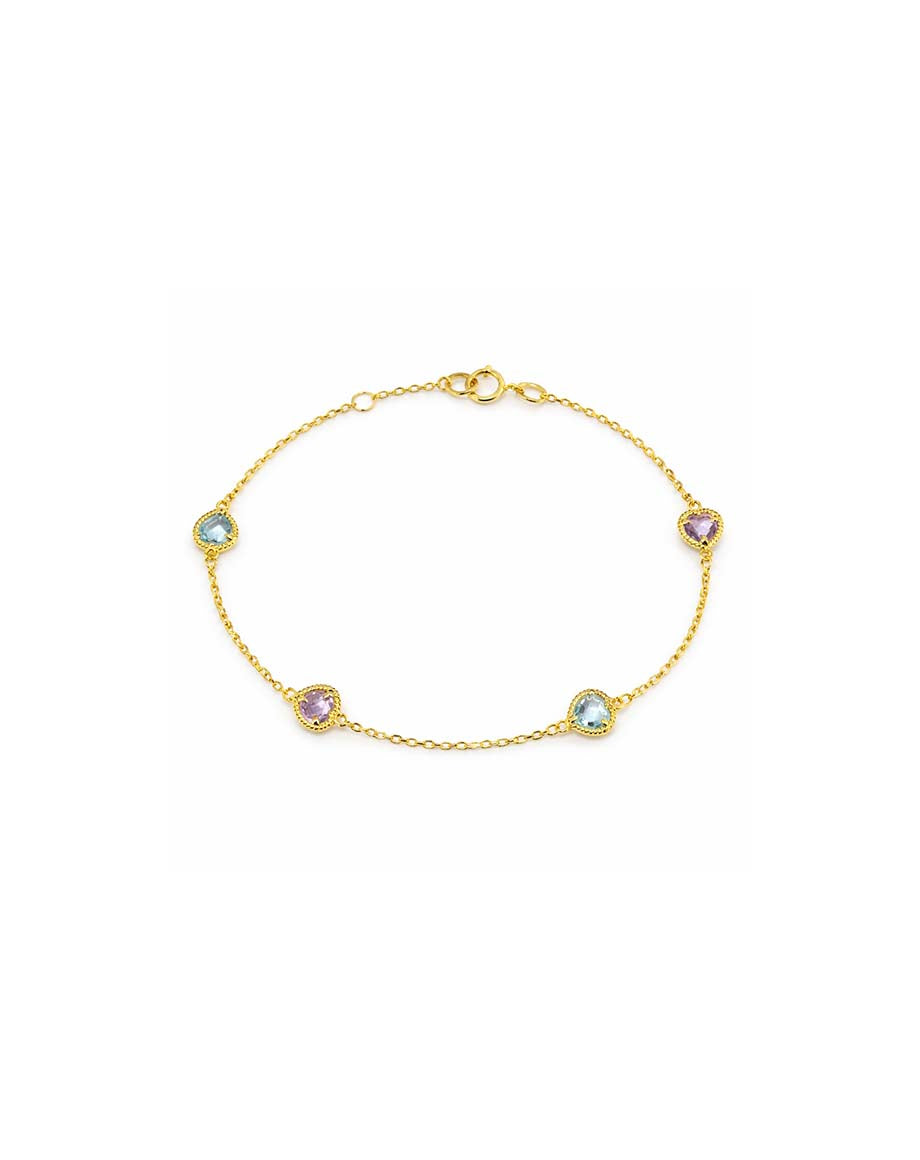 14K Gold Heart Amethyst + Blue Topaz Bracelet