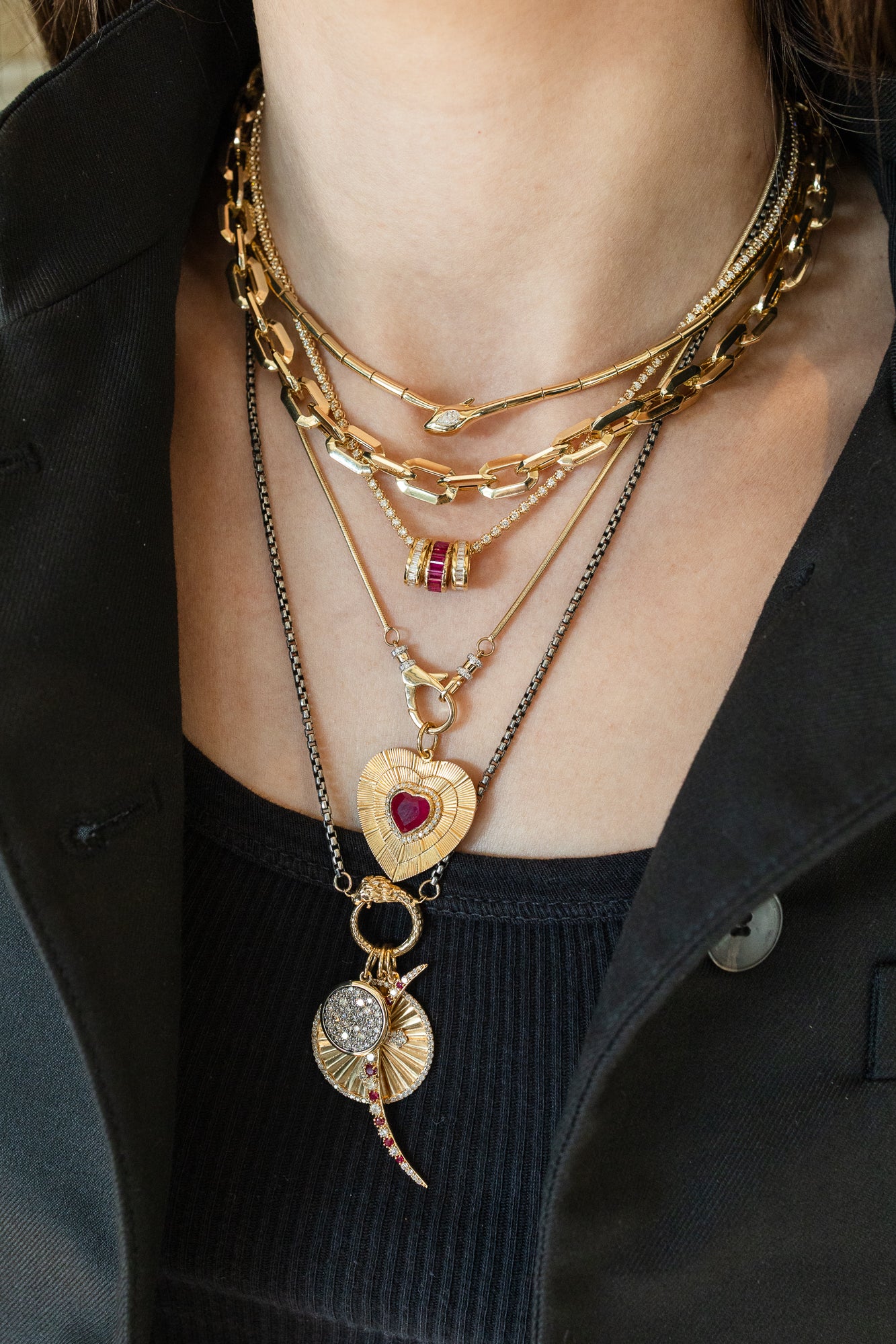 Thin 14K Gold Ruby & Diamond Crescent Moon Charm