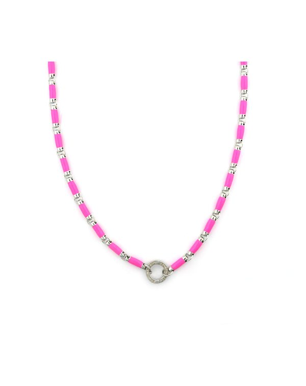 Silver Diamond Hot Pink Enamel Lock Necklace