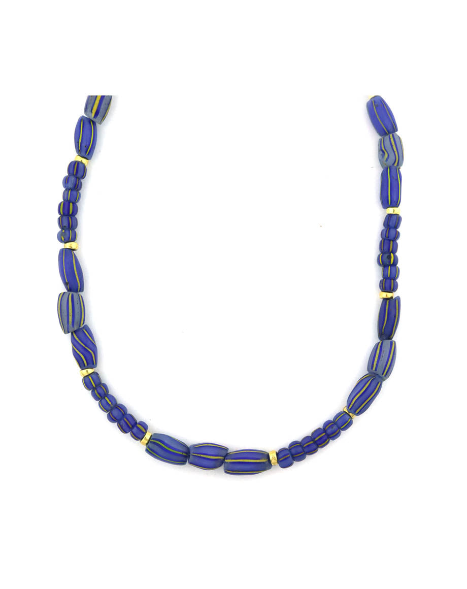 Mixed Shape Indigo Chevron African Glass Bead Necklace
