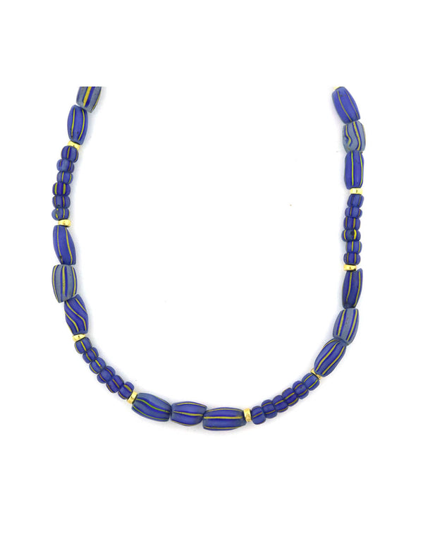 Mixed Shape Indigo Chevron African Glass Bead Necklace