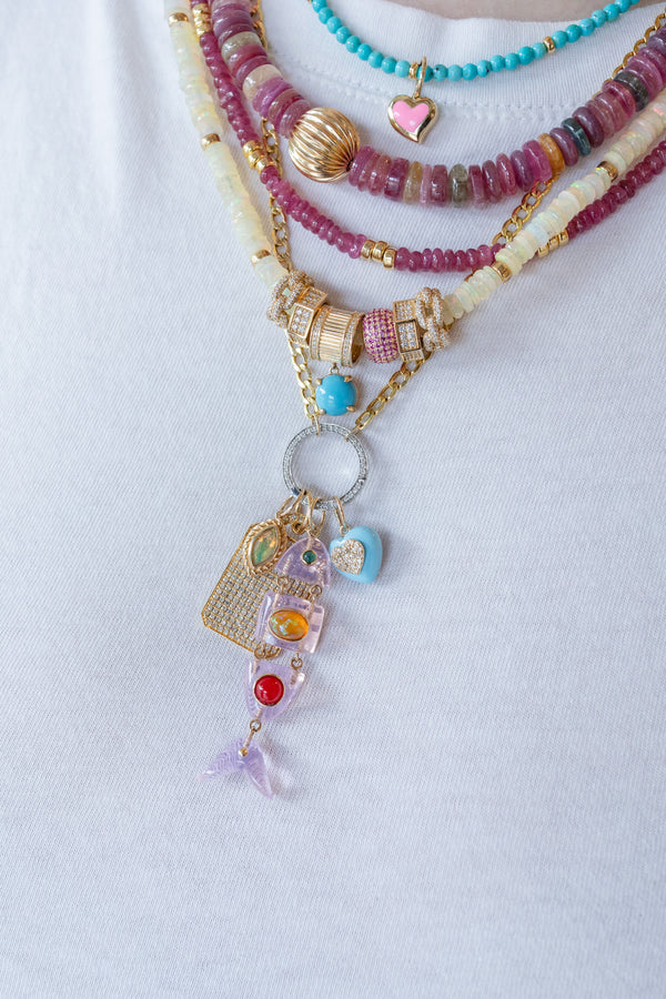 14K Gold Pink Opalite Gemstone Scale Fish Charm