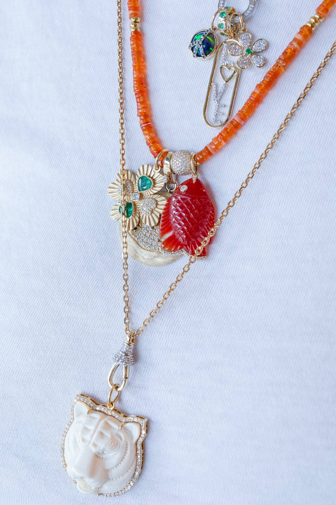 14K Diamond Carved Carnelian Fish Pendant