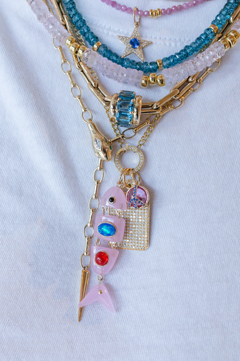 Mini 14K Gold Pink Opal Sapphire Peace Sign Charm