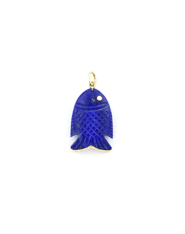 14K Gold Diamond Carved Lapis Fish Charm