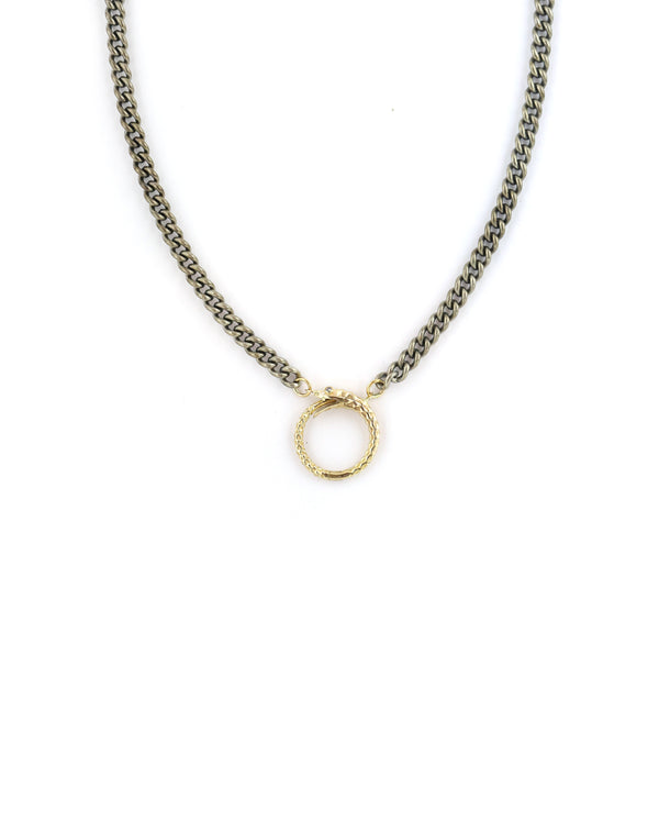 14K Gold Large Rima Snake Lock Necklace: Silver Cuban Chain