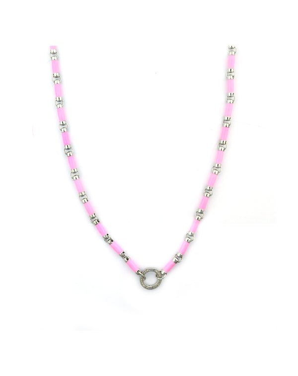 Silver Diamond Light Pink Enamel Lock Necklace