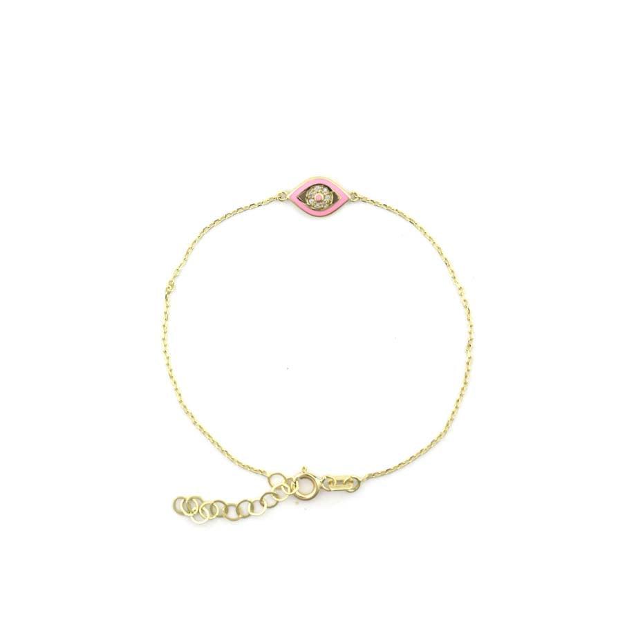 14K Gold Greek Baby Pink Enamel Evil Eye Bracelet