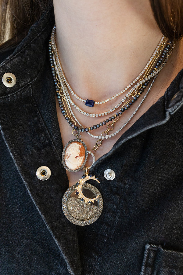 14K Gold Long + Round Link 17mm Diamond Lock Necklace