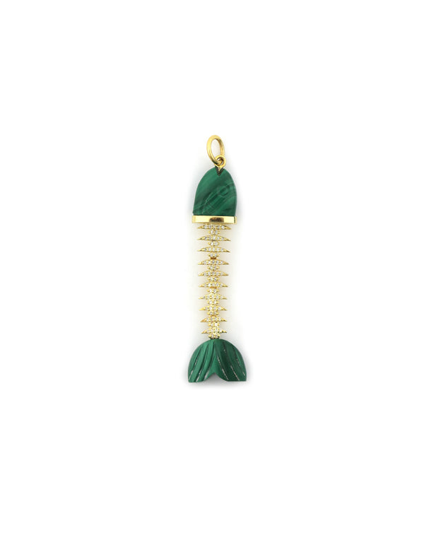 14K Gold Diamond Fish Bone Malachite