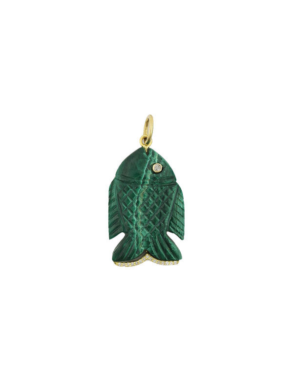 14K Gold Diamond Carved Malachite Fish