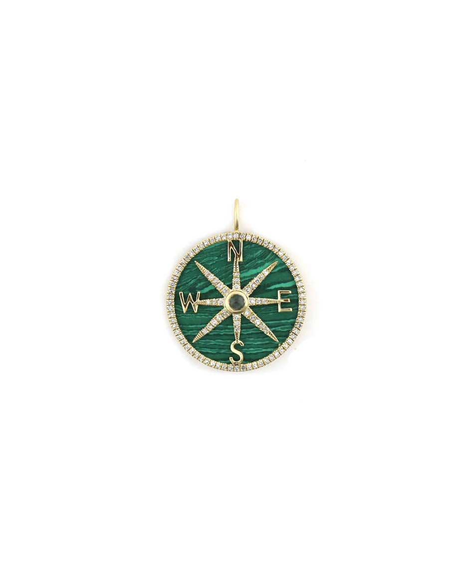 14K Gold Malachite Diamond Compass Charm