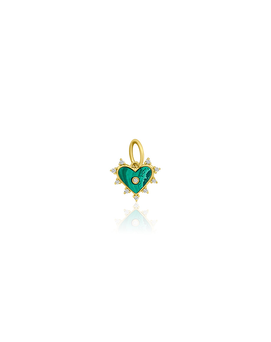 Small 14K Gold Malachite Diamond Halo Heart Charm