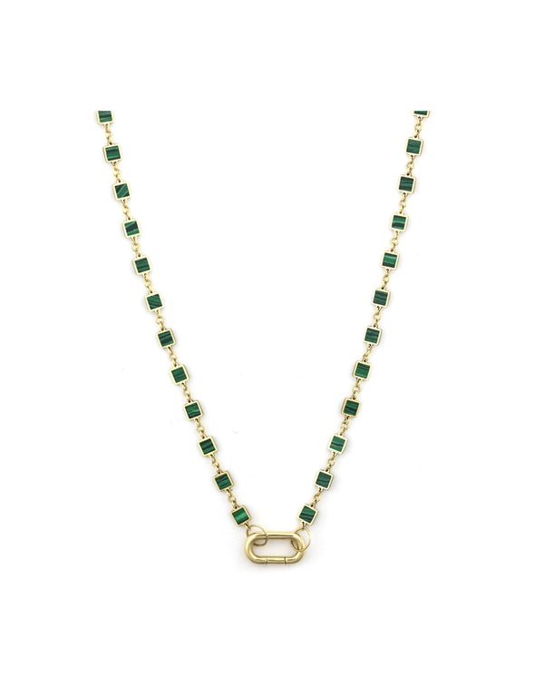 14K Gold Lexi Lock Neckace: Mini Square Malachite Inlay Disco